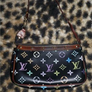 Black Multicolor Faux Leather Monogram Shoulder Bag